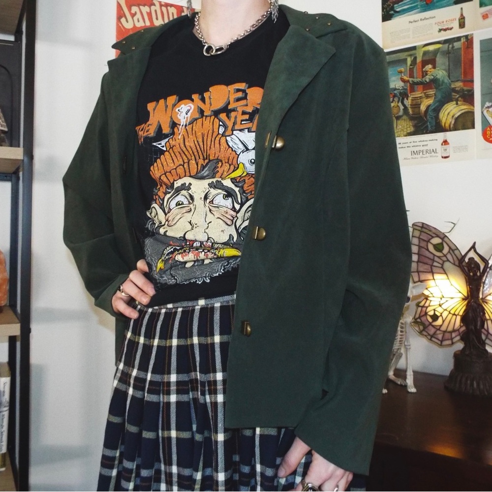 Deep forest green faux suede leather vintage blazer jacket